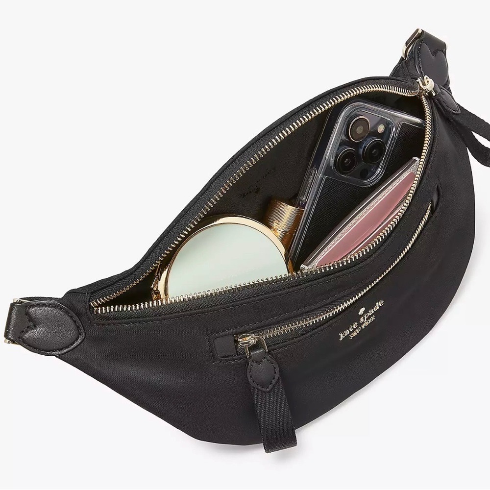 USED KATE SPADE NYLON CHELSEA BETTER BLACK BELT BAG FANNY LEATHER TRIM $249 - Picture 2 of 7